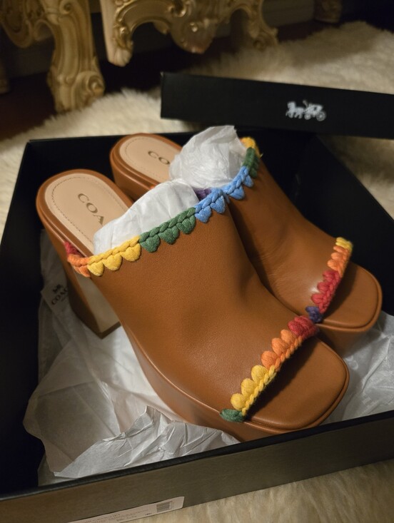 Coach Shoes - Coach Rainbow Crochet Leather Platform Mule Sandals Size 9 Worn Once w/ Box